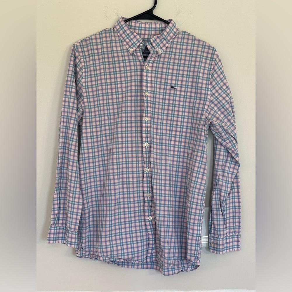 Vineyard Vines Whale Button Up Plaid Shirt 100% cotton boys size xl